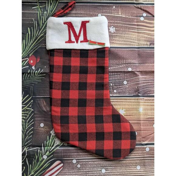 NEW Red Black Buffalo Plaid Embroidered Letter "M" Christmas Stocking Holiday - Picture 1 of 7